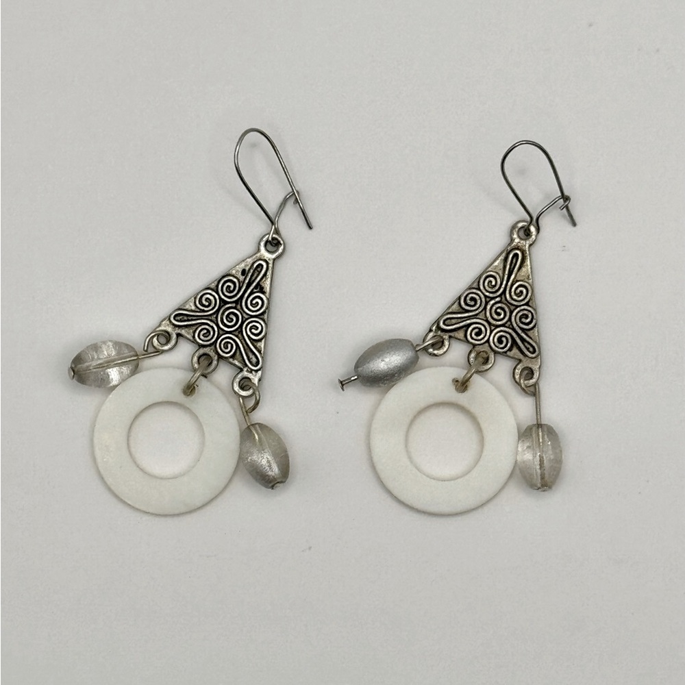 Silver tone filigree earrings with glass beads and shell pendants